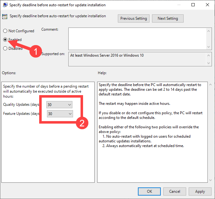 Win-10-รีสตาร์ทอัตโนมัติเส้นตายการตั้งค่าเปิดใช้งานนโยบาย