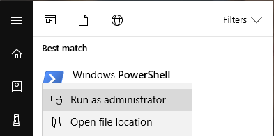 Ota käyttöön täydellinen suoritustila - avaa Powershell järjestelmänvalvojana