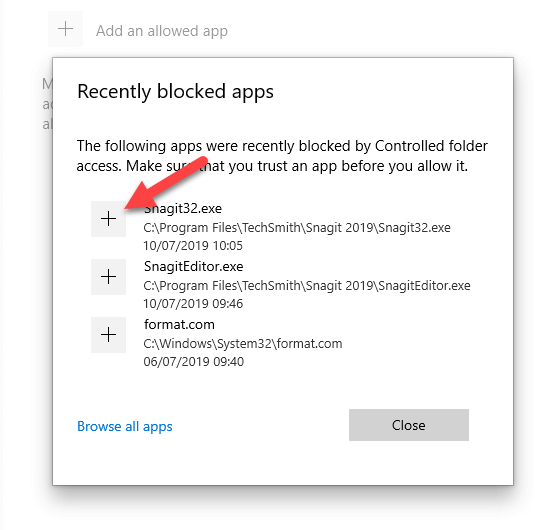 Windows 10 Fidye Yazılımı Koruması - Son Listeden Uygulama Seç