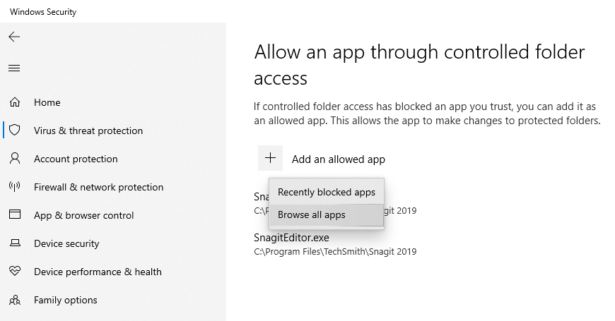 Windows 10 Fidye Yazılımı Koruması - Tüm Uygulamalara Göz At'ı seçin