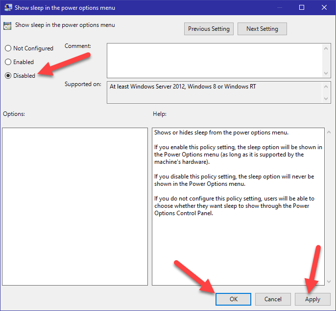 Opzione di sospensione del menu Start di Windows 10 - 11 - disabilita i criteri