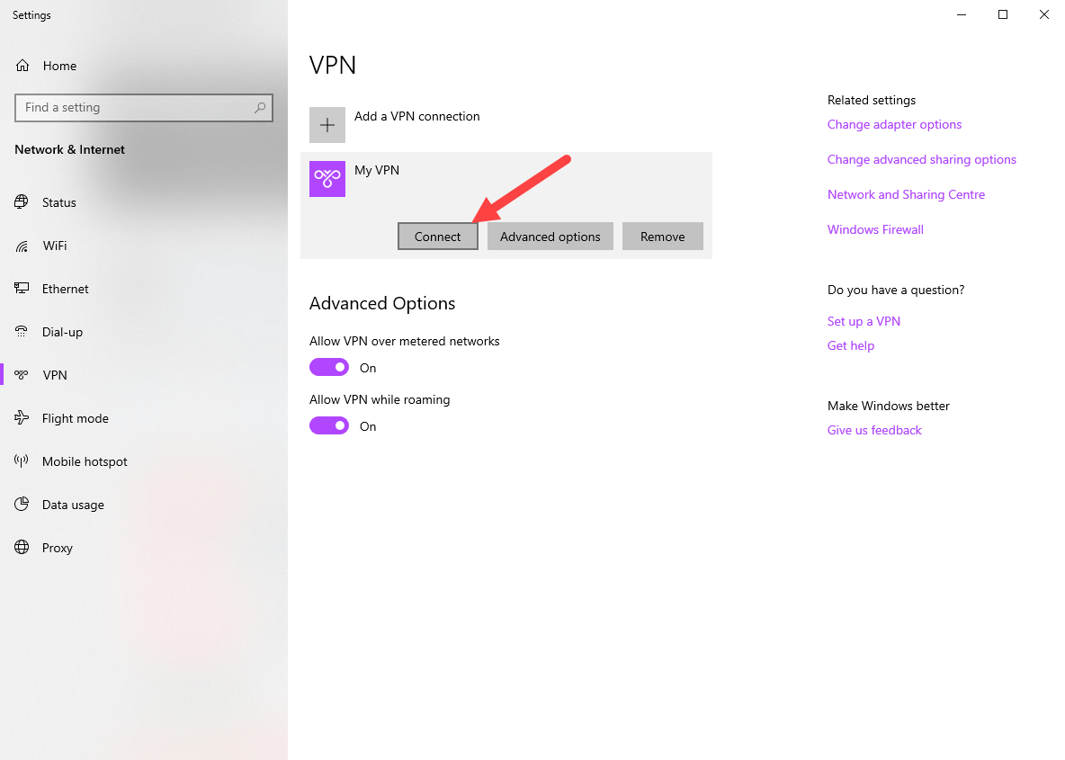 אפשרויות vpn של Windows - לחץ על לחצן חיבור בחיבור vpn