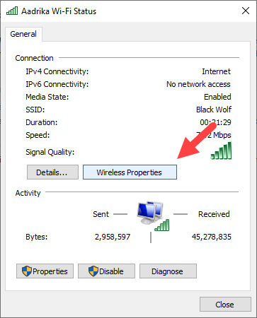 저장된 Wi-Fi 비밀번호 창보기-무선 속성 버튼을 클릭하십시오